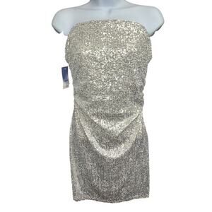 Abound Dress size Medium Strapless Silver Sequins Rouch Sides Stretch Minidress